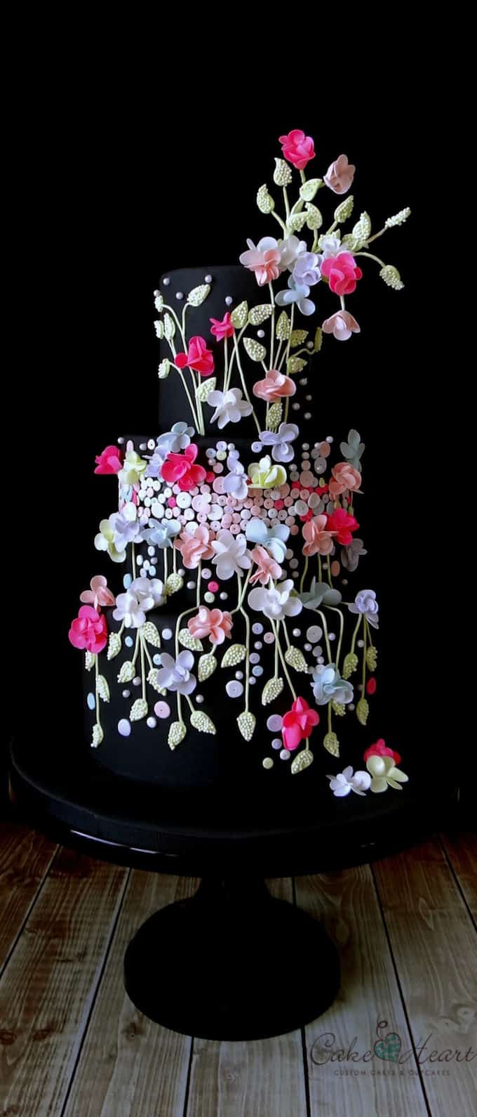 black wedding flower cake