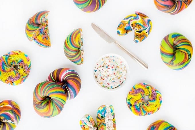 funfetti cream cheese + rainbow bagel donuts