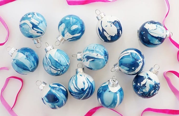 blue and white marbled ornaments